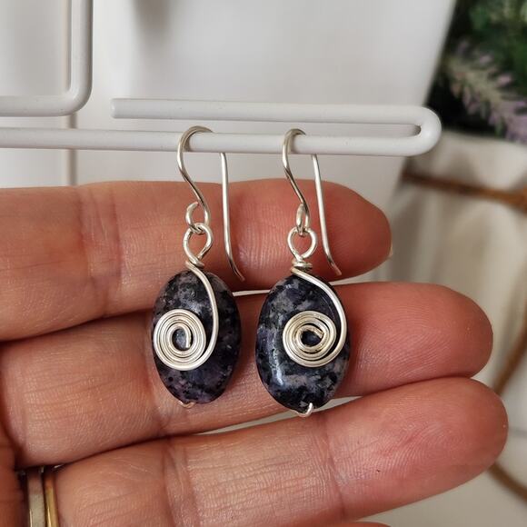 Natural Sodalite Stone Silver Wire-wrapped Dangle Earrings - Picture 8 of 12